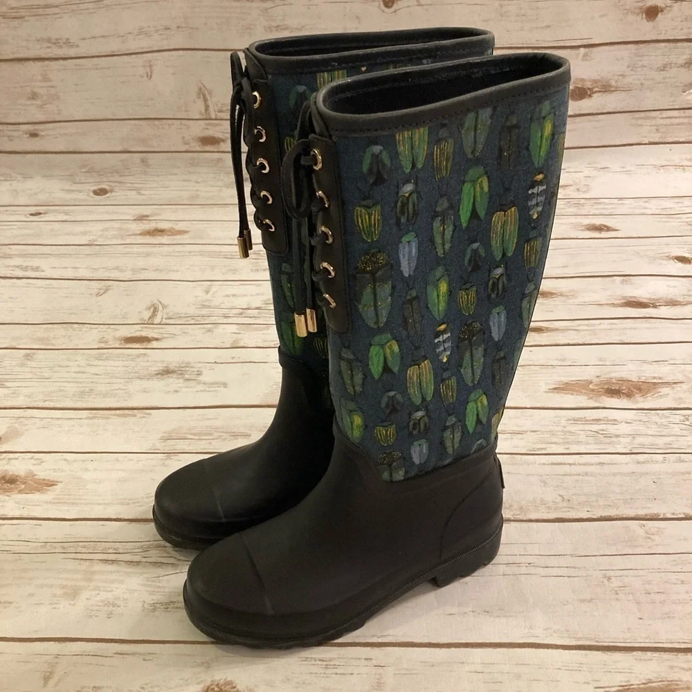 Tory Burch Lana Beetle Printed Tall Rain Boots Size 7